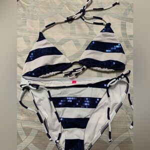 NWOT Victoria's Secret Navy and White Sequin String Bikini Size Large, L